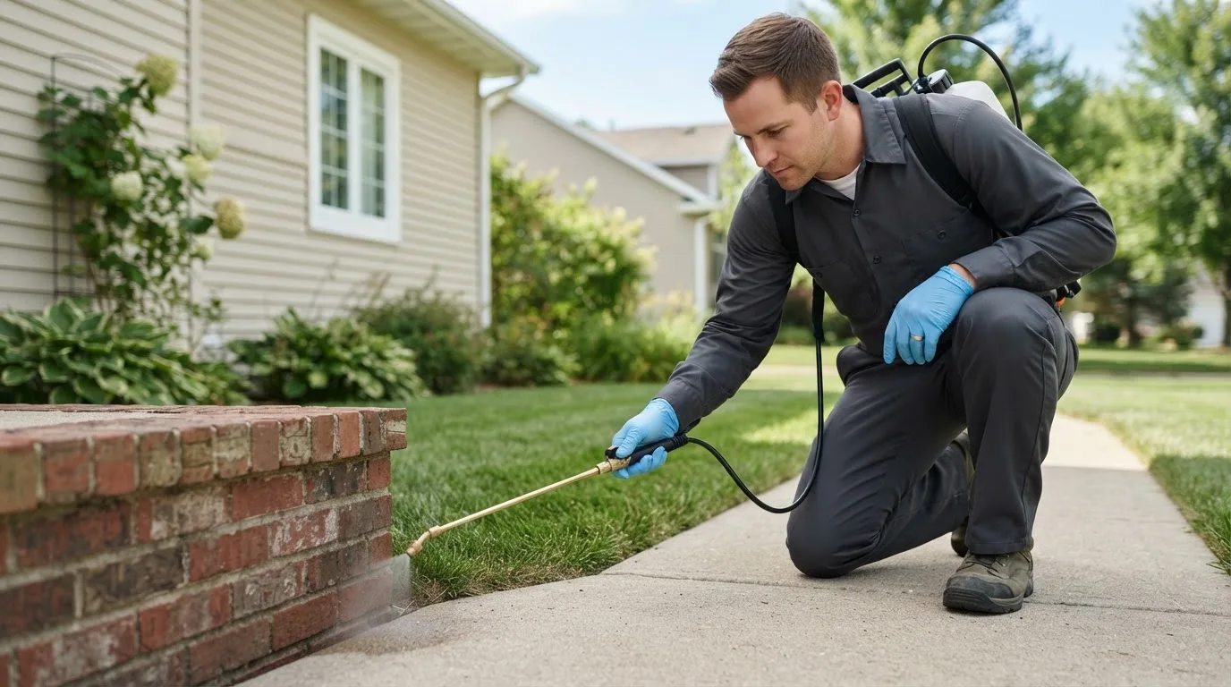 Pest control technician treating a home near Buxton, ND